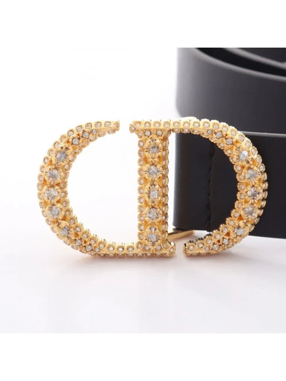 Dior Belt CD Logo Buckle Rhinestone Gold Leather